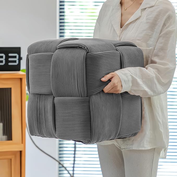 Cmishe 15" Square Woven Corduroy Ottoman Footrest - Modern Vanity Stool for Living Room & Entryway, Eco-Friendly Wood Frame, No Assembly (Grey)