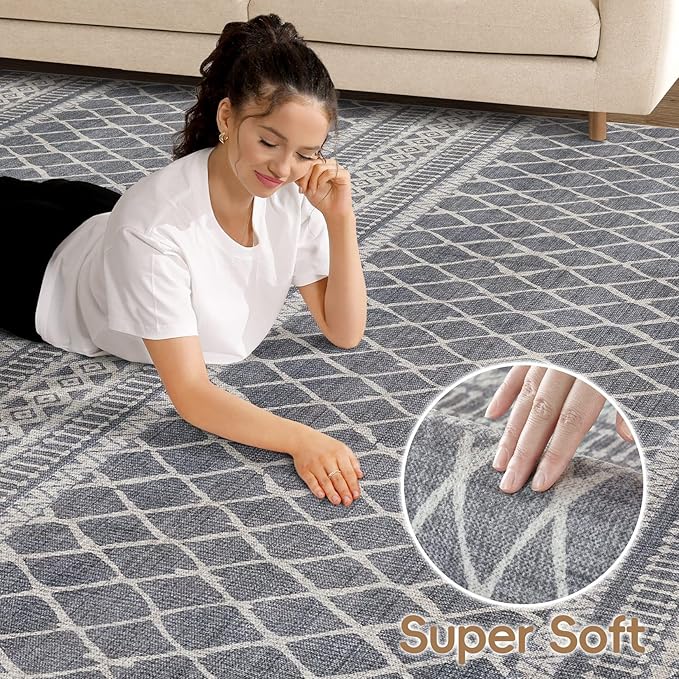 cotiled 10x12 Area Rug Living Room: Washable Boho Rugs with Non Slip Backing Large Soft Indoor Stain Resistant Carpet for Bedroom Farmhouse Dining Room Lightweight Home Decor Charcoal Grey