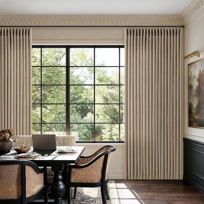 96 Inch Pinch Pleated Linen Curtains 2 Panels Dark Flax Brown Cottage Memory Shape Semi Sheer Pleat Textured Drapes for Living Dining Room Bedroom Tan Light Filtering Window Curtains 40 Inch Width