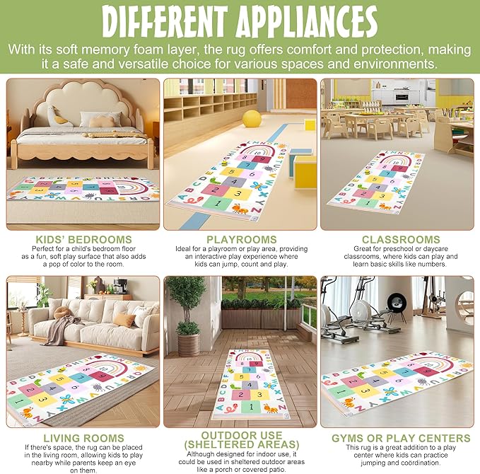 Hopscotch Rug for Kids, Hopscotch Play Mat, ABC Classroom Learning Mat, Small Kids Rug for Playroom, Non-Slip Educational Carpet for Kids Room or Classroom (Numbers & Squares)