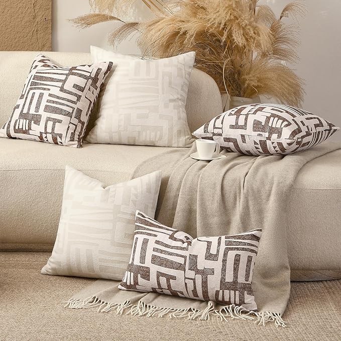 Lumbar Pillow Cushion Cover 20x12 Inch, Double-Sided Geometric Pattern Pillow Covers, Modern Designer Original Pillowcase for Sofa, Bed, Rattan Chair, Bedroom, Living Room(Brown)