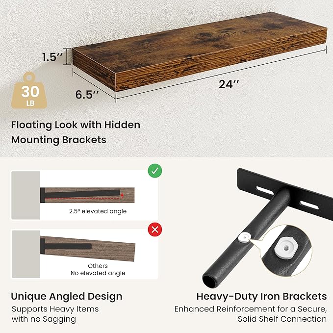 Fun Memories Floating Shelves for Wall, Rustic Wood Wall Mounted Shelves for Bathroom, Bedroom, Living Room and Kitchen, Storage & Home Decor (Set of 2, Brown, 24 in)