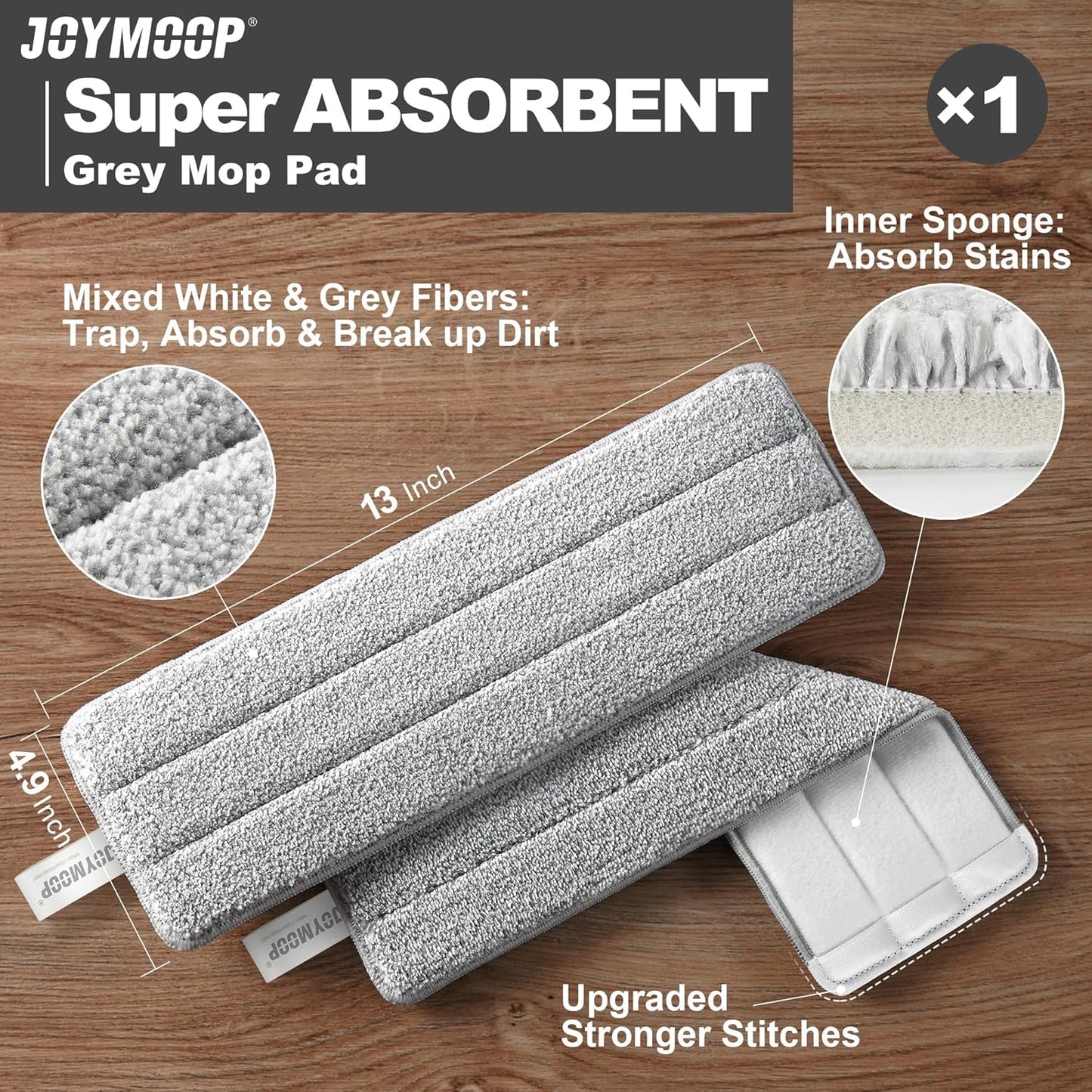 JOYMOOP Flat Mop Pad, Microfiber Mop Pad, Squeeze Mop Pads Replacement, 13" Refill 1 Pack - Grey