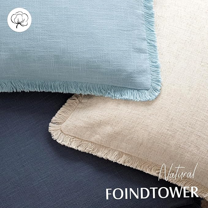 Foindtower Set of 2 Decorative Linen Fringe Throw Pillow Covers Cozy Boho Farmhouse Cushion Cover with Tassels Soft Accent Pillowcase for Couch Sofa Bed Living Room Home Decor,18×18 Inch,Light Blue