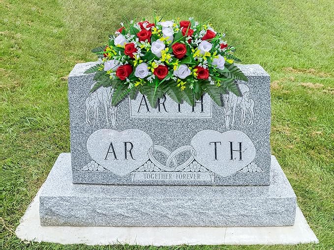 LVXINLI Artificial Cemetery Flowers Saddle-Shaped Tombstone Decorations Non-Fading UV-Resistant （Red and White Saddle