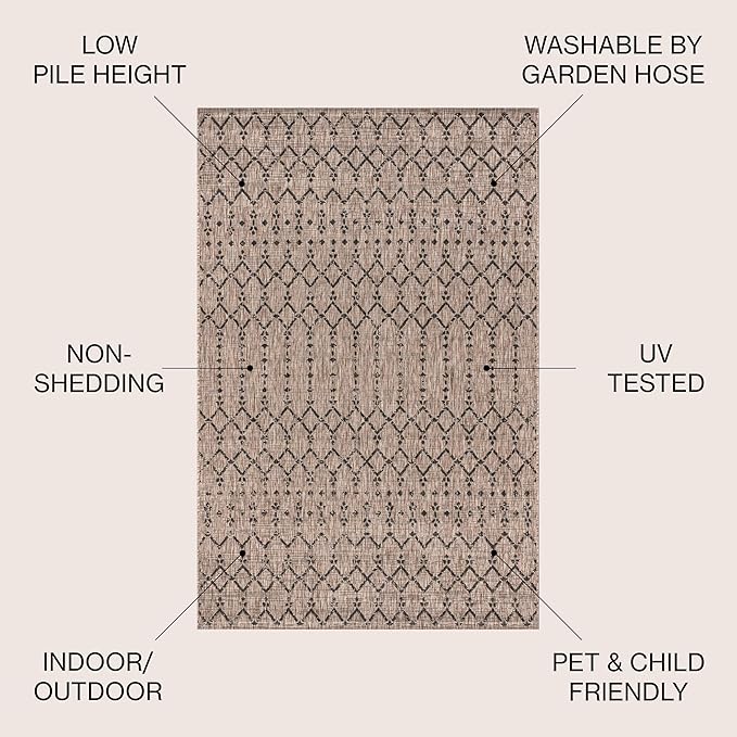 JONATHAN Y Moroccan Geometric Indoor Outdoor Square Area Rug 5X5 Natural/Black, Ourika Textured Weave for Backyard, Patio, Porch, Easy-Cleaning, High Traffic Pet-Friendly, Non-Shedding SMB108D-5SQ