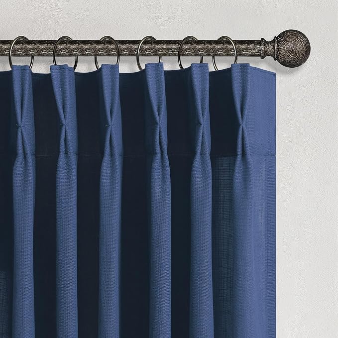 Navy Pleated Linen Curtains 72 Inch Length for Living Room 2 Panel Back Tab Pinch Pleat Draperies Light Filtering Semi Privacy Dark Blue Semi Sheer Curtain for Kids Boys Bedroom Decor 40 x 72 Long