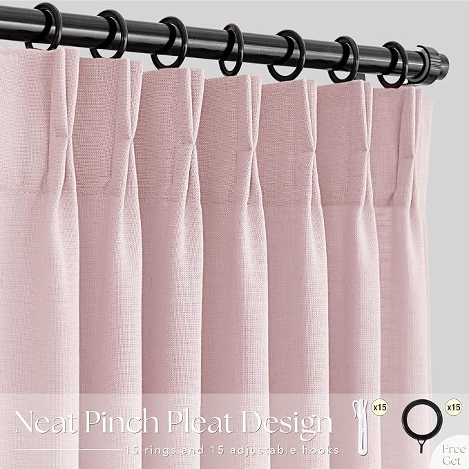 Pink Pinch Pleated Linen Curtains 45 Inch Length 2 Panels for Living Room Bedroom Textured Pink Semi Sheer Drapes Pinch Pleat Rings Window Curtain 40x45