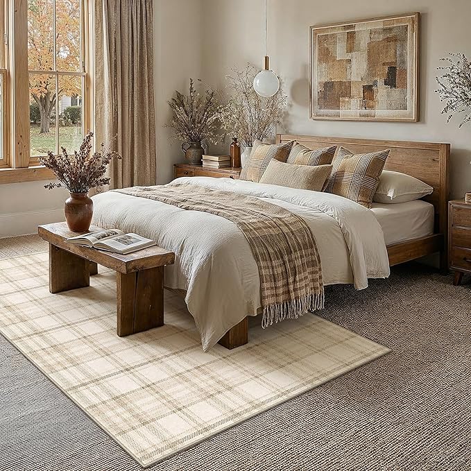 6x9 Beige Area Rug for Living Room Bedroom Machine Washable Low Pile Checkered Carpet Modern Accent Soft Non Slip Rug for Dining Room Nursery Office Indoor