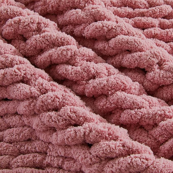 Carriediosa Chunky Knit Throw Blanket 50" X 60", 100% Hand Made Large Chenille Loop Yarn Soft Fluffy Throws for Couch Sofa Bed, Big Crochet Cozy Heavy Thick Cable Woven Blanket, Mauve