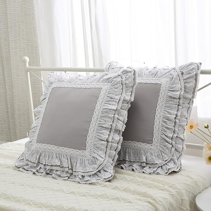 Light Gray Lace Euro Shams Luxury Throw Pillow Covers Cushion Cases with Ruffles Cotton 26"X26" Zipper Closure Elegant 2-Pack