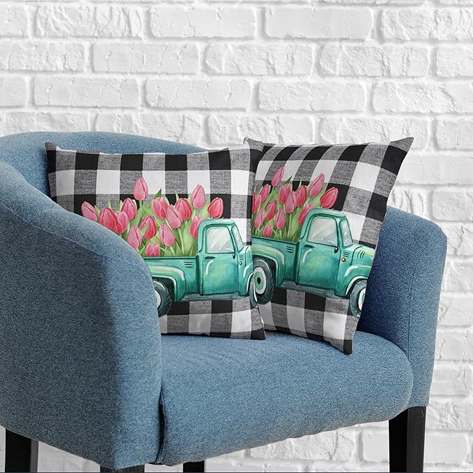 Spring Tulip Pillow Covers 18x18 Set of 2 Vintage Truck with Pink Tulip Floral Throw Pillow Covers Black and White Buffalo Plaid Cushion Case for Farmhouse Living Room Sofa