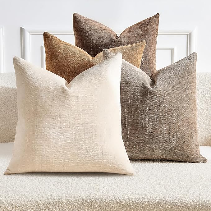 Pack of 4 Throw Pillow Covers 18x18 Inch Chenille Textured Neutral Brown Soft Pillow Covers Solid Decorative Farmhouse Cushion Covers Home Boho Western Decor for Couch Sofa Bed Living Room