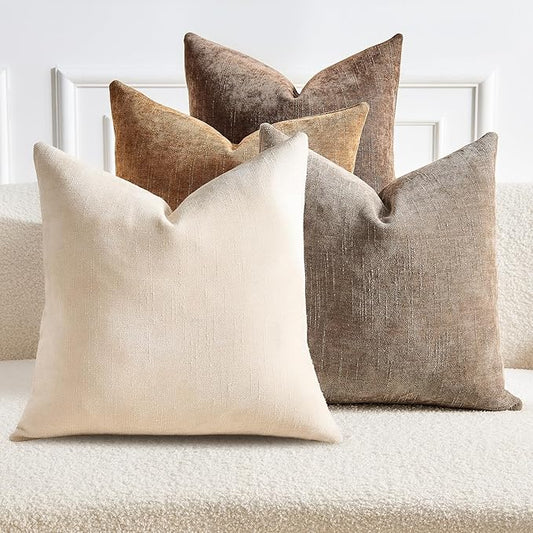 Pack of 4 Throw Pillow Covers 22x22 Inch Chenille Textured Neutral Brown Soft Pillow Covers Solid Decorative Farmhouse Cushion Covers Home Boho Western Decor for Couch Sofa Bed Living Room