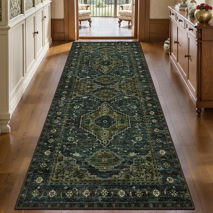 Tangsoo Oriental 3x6 Entryway Runner Rug, Washable Non Slip Indoor Accent Runner Rugs, Vintage Print Olive Green Carpet Runner, Soft Low Pile Rug for Living Room Dining Bedroom Bedside Entryway