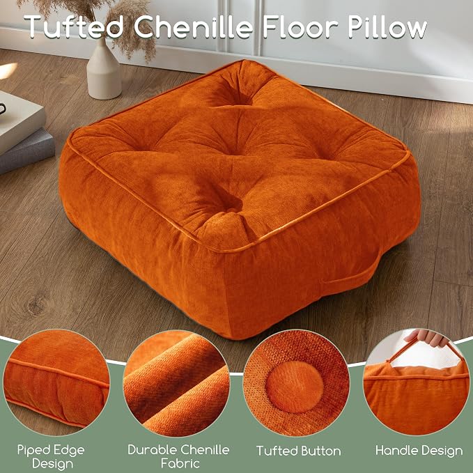 HIGOGOGO 8" Extra Thick Floor Pillow Cushion for Adults, Meditation Cushion Pillow with Handle, Lustrous Chenille Tufted, Square Floor Sitting for Tatami Living Room or Yoga, 22x22 Inch, Orange