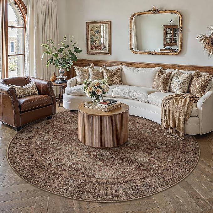 HUGEAR 5x5 Round Rugs Rust Red Washable Rug for Living Room Bedroom Large Neutral Vintage Rug Carpet Distressed Soft Durable Non Slip No Shedding for Indoor Dining Nursery Farmhouse