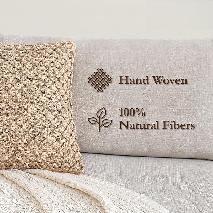 Boho Living Jada Decorative Throw, Includes Accent Insert, Premium Woven Design, Living Room Décor, (2) 20" x 20" Pillow Covers, Beige 2 Count