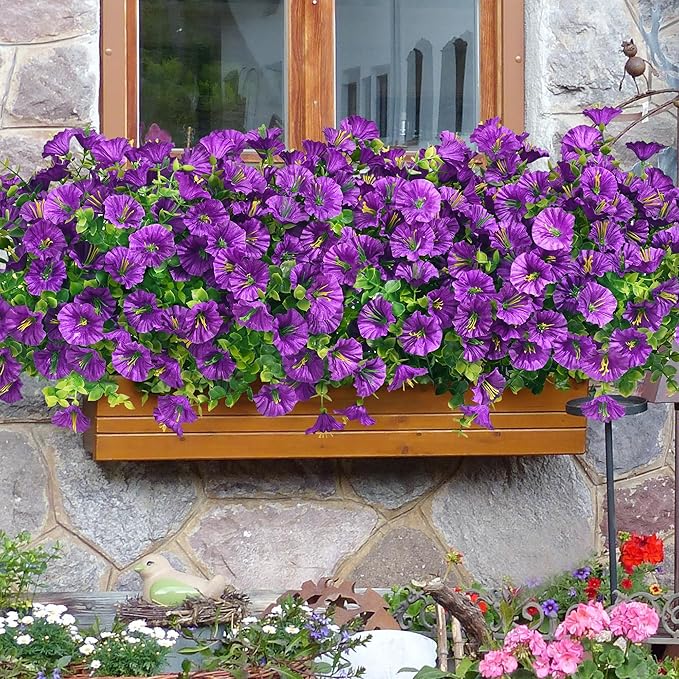 Waipfaru 24 Bundles Artificial Flowers for Outdoors Faux Plants Outdoor, UV Resistant Artificial Plants Outdoor, Silk Petunias Fake Flowers for Outside Home Decor Planter Porch Decoration, Purple