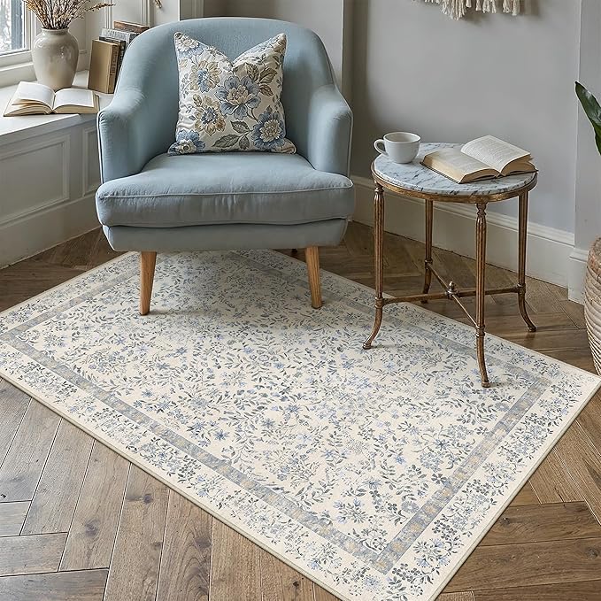 PureCozy 3x5 Blue Area Rug for Entryway Washable Vintage Floral Carpet Low Pile Non Slip Botanical Aesthetic Soft Accent Throw Rug Entrance Kitchen Bedroom Nursery Office Indoor