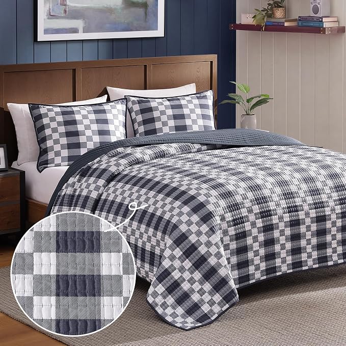WRENSONGE Plaid King Quilt-3 Pieces Lightweight Bedspread Blue Grey Quilt King Size Quilt Bedding Set for All Seasons, Soft Summer Reversible Neutral Coverlet with 2 Pillow Shams
