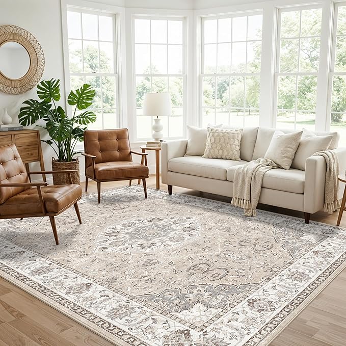 10x10 Square Living Room Rug: Washable Vintage Ultra Soft Carpet for Bedroom Office Dining Room Thin Non-Slip Kids Room Rug Farmhouse Durable Low Pile Floor Mat for High Traffic Areas(10x10，Beige)