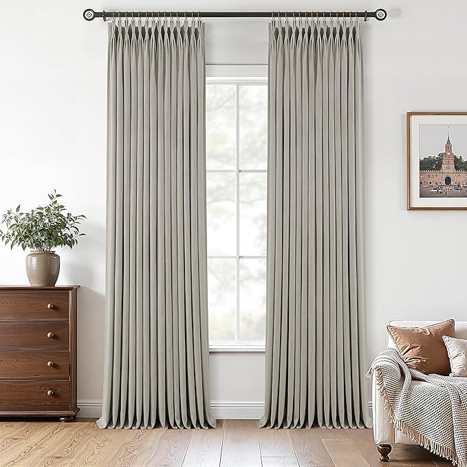 Burlywood Birch Pinch Pleated Curtains 96 Inches Long for Living Dining Room 2 Panels Light Filtering Linen Pinch Pleat Curtains 96 Inch Length Neutral Rustic Farmhouse Modern Window Curtain Drapes