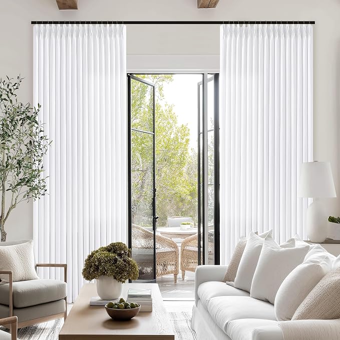 Pinch Pleated White Linen Curtains 96 Inches Long 2 Panels for Living Room Bedroom Memory Trained Light Filtering Neutral Farmhouse Semi Sheer Window Curtains Hooks Rings Back Tab Pleat Drapes 8FT
