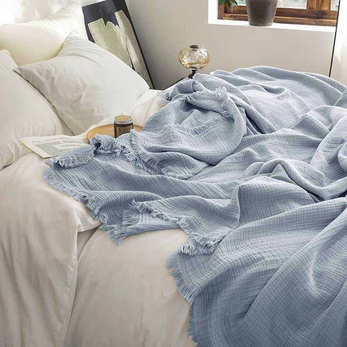FOSSA Muslin Blanket: 4-Layer 100% Cotton Gauze Blanket with Fringe 98"x98" | Super Soft Breathable Lightweight All Season & Decorative Blanket or Bed, Sofa, Office (Cornflower Blue, Oversize Queen)