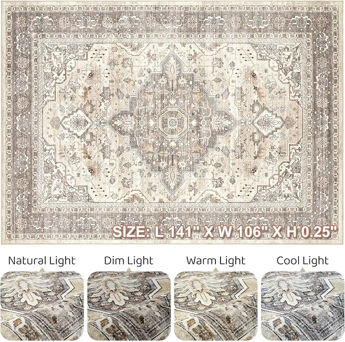 9x12 Area Rug Living Room: Washable Boho Large Neutral Vintage Soft Rugs Stain Resistant Farmhouse Non Slip Indoor Floor Carpet for Bedroom Nursery Kids Playroom Office Dining Room Home Decor- Brown