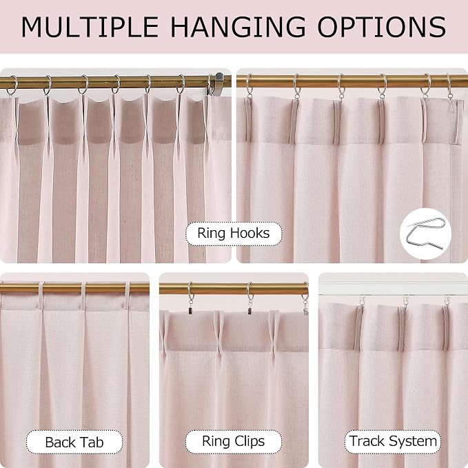 Vision Home Light Pink Pinch Pleated Semi Sheer Curtains Textured Linen Blended Light Filtering Window Curtains 90 inch for Living Room Bedroom Patio Pinch Pleat Drapes with Hooks 1 Panel 60" Wx90 L
