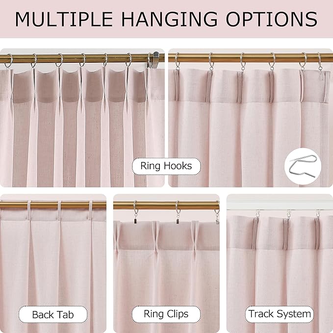 Vision Home Soft Pink Pinch Pleated Semi Sheer Curtains Textured Linen Blended Light Filtering Window Curtains 72 inch for Living Room Bedroom Patio Pinch Pleat Drapes with Hooks 1 Panel 60" Wx72 L