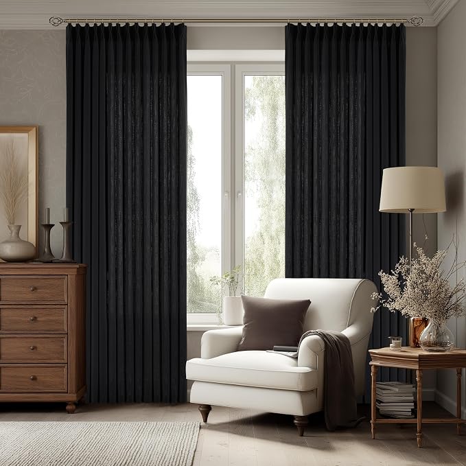 Black Pinch Pleated Semi Sheer Linen Curtains 90 Inch Long for Living Room | Light Filtering Privacy, Bedroom Dorm Dining Room, Flax Textured, Hook Rings Memory Shape Pinch Pleat, Elegant Luxury, Drapes