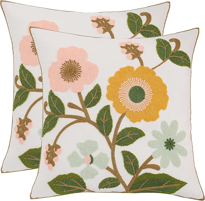 Spring Pillow Covers 18x18 Set of 2 Embroidery Throw Pillow Covers Yellow and Pink Flowers with Green Leaves Farmhouse Pillow Cushion Case Summer Foral Decorative Farm Pillowcases