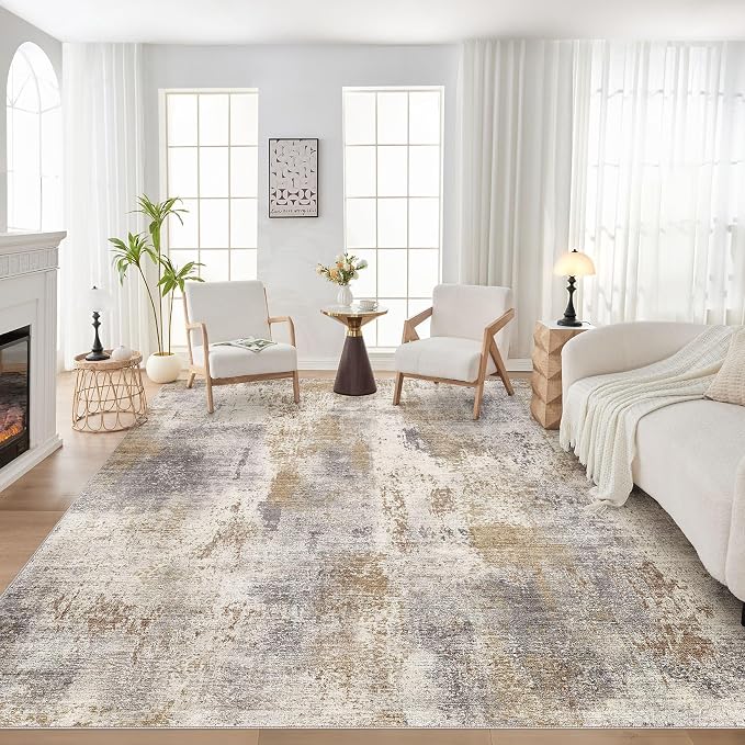 DMOYEST Area Rug Living Room Rugs - 10x14 Washable Large Soft Indoor Neutral Modern Abstract Low Pile Rug Carpet for Bedroom Dining Room Farmhouse Home Office - Brown Grey
