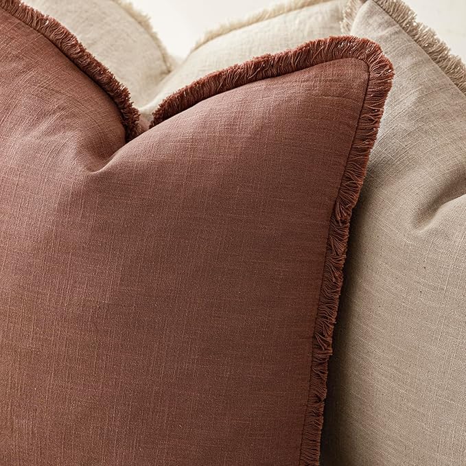 Foindtower Set of 2 Decorative Linen Fringe Throw Pillow Covers Boho Farmhouse Cushion Cover with Tassels Soft Accent Pillowcase for Couch Chair Sofa Bed Living Room Home Decor,18×18 Inch,Rust Red
