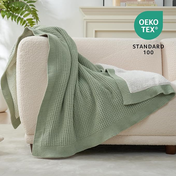 Amélie Home Reversible Waffle Weave Throw Blanket, Chenille Knit with Warm Sherpa, Soft Cozy Blanket for Couch, 50"x60", Sage Green