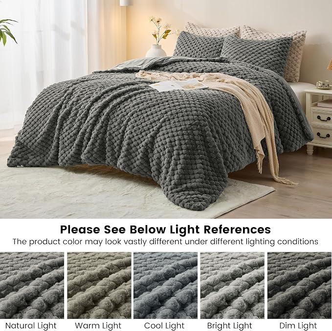 Simple&Opulence Fluffy Faux Fur Comforter Set, Plush Fuzzy Minky Bedding Set, 3 Pieces Warm Soft Comforter Bedding Set for Winter - 1 Shaggy Comforter with 2 Pillow Shams(King, Grid - Dark Grey)