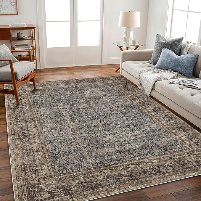CHAMPLANT Washable Area Rug 4'x6' Traditional Floor Cover Foldable Thin Rugs Retro Kitchen Indoor Distressed Non Slip Carpet Floral Print Mat Bedroom Living Room