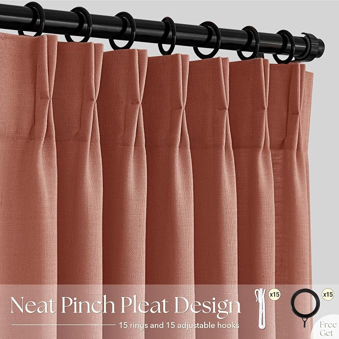 Terracotta Pinch Pleated Linen Curtains 84 Inch Length 2 Panels for Living Room Bedroom Rustic Farmhouse Rust Brick Semi Sheer Drapes Pinch Pleat with Rings Boho Decor Window Curtain 40x84