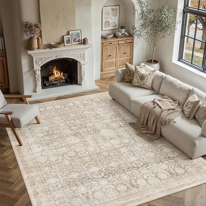 8x10 Beige Washable Neutral Area Rug Living Room Floral Non Slip Low Pile Large Rug Vintage Traditional Stain Resistant Distressed Carpet Bedroom Dining Room Office Playroom