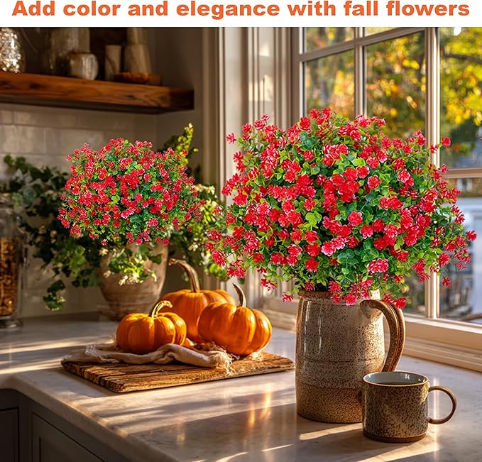 AXYLEX Artificial Flowers for Outdoors Fake Plants - 12 Bundles Faux UV Resistant No Fade Plastic Greenery Home Garden Porch Patio Decoration Boxwood Shrubs (Red)