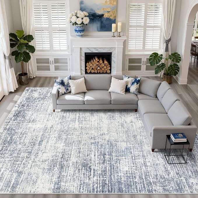 12x18 Rug for Living Room: Washable Large Neutral Blue Area Rug Abstract Soft Modern Stain Resistant Indoor Floor Non-Slip Carpet for Bedroom Nursery Kids Office Playroom Dining Room Under Table Home