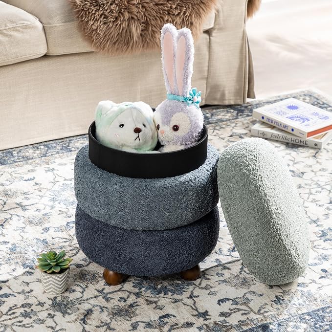 Glitzhome Round Ottoman with Storage Set of 2 Vanity Stool Foot Rest with Removable Lid Modern Upholstered Velvet Storage Ottoman Stool for Living Room and Dorm, Gradient Blue