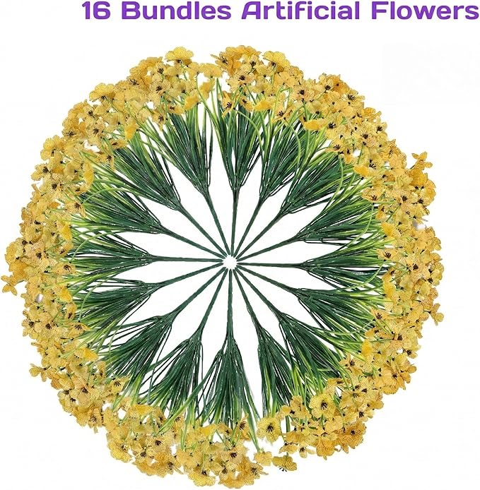 Geegoods Artificial Mums Flowers for Outdoors, 16 Bundles UV Resistant Fake Plastic Yellow Flowers for Patio Porch Spring Summer Decor