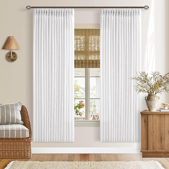 Pinch Pleat White 72 Inch Curtains for Bedroom Rustic Linen Blend Viral Pleated Semi Sheer Window Drapes Light Filtering Privacy Cottagecore Office Sunroom Cabin Curtain Back Tab Snow White 50x72
