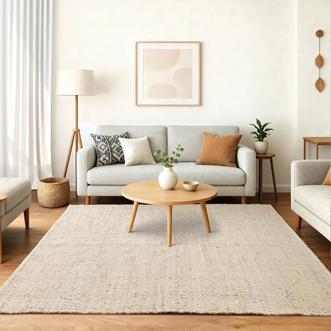 GRUHUM Jute Cotton Area Rug 9'x12' ft Large Rectangle Hand Woven Natural Farmhouse Rugs for Living Room, Bedroom, Kitchen, High Traffic Area - Rustic Vintage Bohemian Eco-Friendly 9x12ft Natural