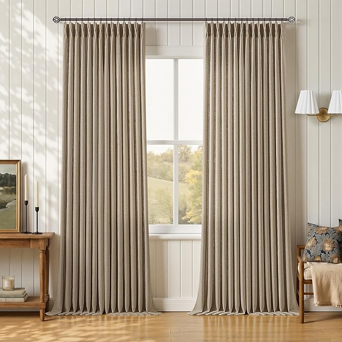 Vintage 92 Inches Pinch Pleated Curtains 2 Panels Set Memory Training Back Tab Thick Linen Curtains with Hooks Rings Dark Flax Brown Light Filtering Pinch Pleat Drapes for Living Room Bedroom 40x92