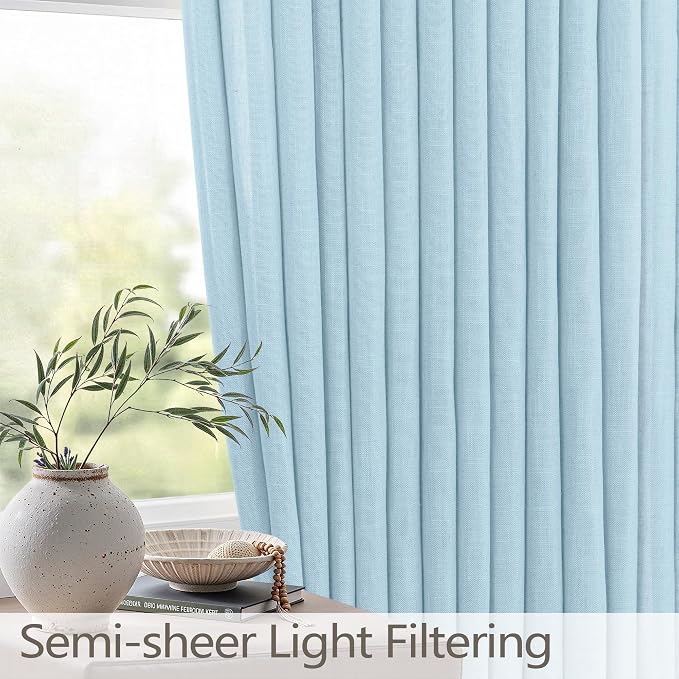 Light Blue Linen Pleated Curtains 84 Inches Long for Bedroom Sky Baby Blue Cerulean Spring Summer Curtain for Living Room Boho Modern Farmhouse Sheer Pinch Pleat Drapes 40x84 Length 2 Panels Back Tab