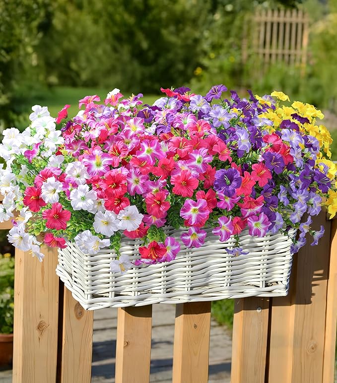 Artificial Flowers for Outdoors Fake Plants Outside Decoration, 20 Bundles Silk Petunia with Eucalyptus UV Resistant Realistic Faux Flowers for Outdoor Planters Garden Balcony Yard Porch Patio, Mix